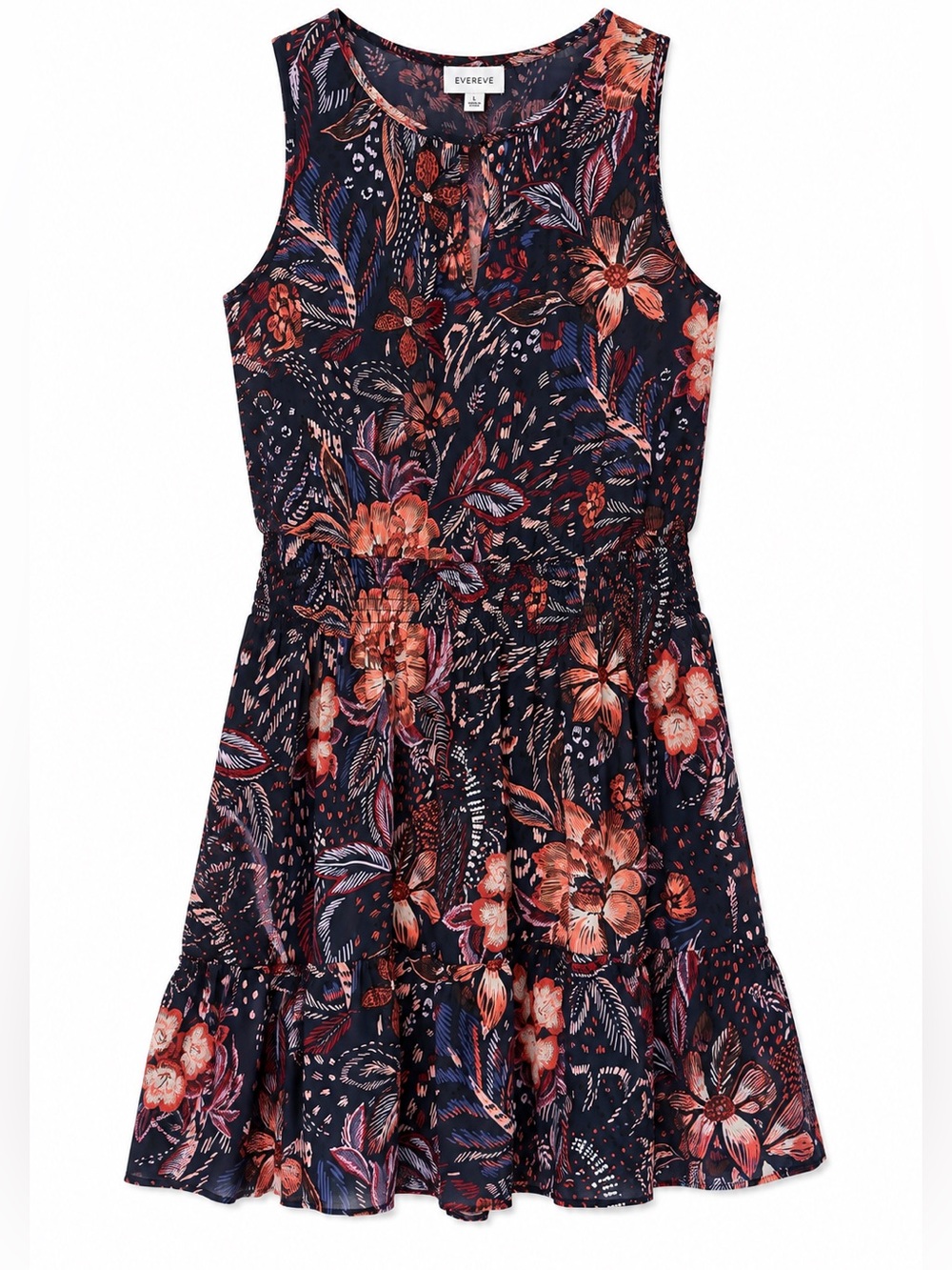 Evereve Floral Smocked Waist Tiered Dress Navy Multi Color Floral Large